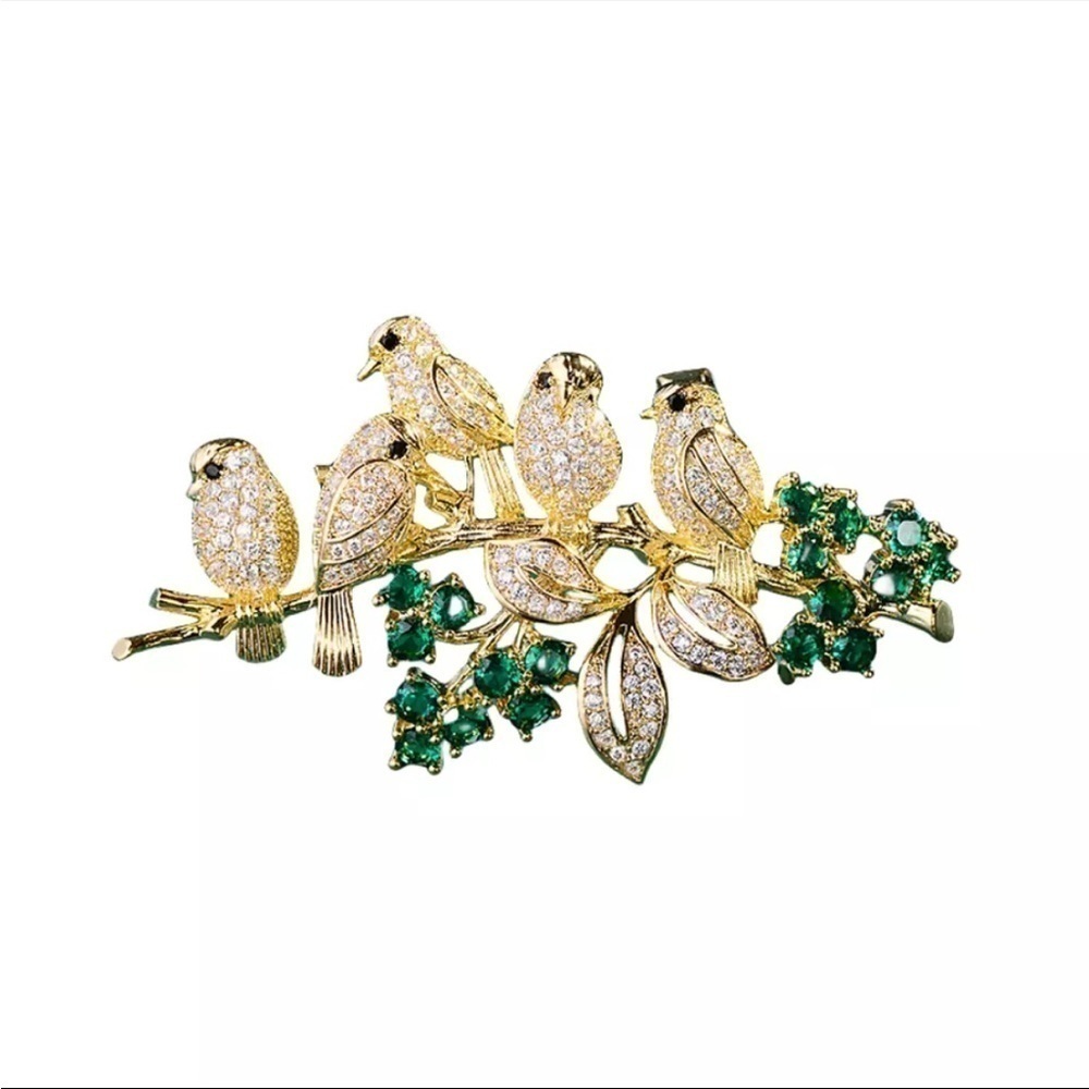 Yellow Gold Plated Green Clear Cubic Zirconia CZ Birds Brooch Pin
